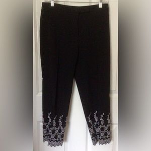 Womens Black Crop Pants Barbara Lesser Stretchy Straight Leg Embroidery